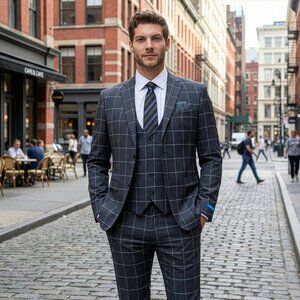 New 2026 Mens 3pc Windowpane Grey Suit Set, Hybrid Fit (H2)